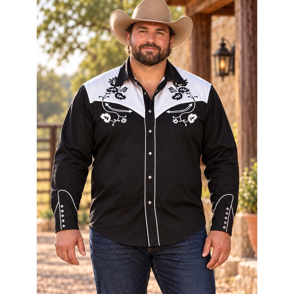 Roper 2XL Embroidered Western Snap Shirt Black White Floral Embroidered Cowboy